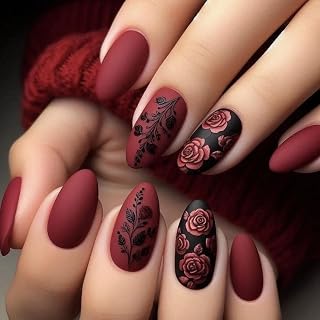 Dark Red Press on Nails Almond Medium Full Cover Acrylic False Fake Nails Press ons Matte Flower with Rose Designs Red Black Fake Nail 24Pcs Reusable Stick on Nail for Women