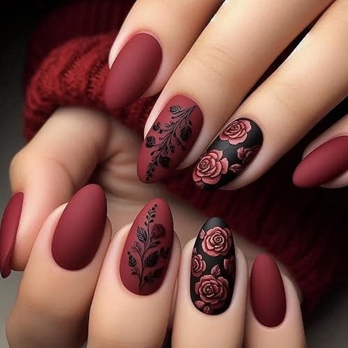 Dark Red Press on Nails Almond Medium Full Cover Acrylic False Fake Nails Press ons Matte Flower with Rose Designs Red Black Fake Nail 24Pcs Reusable Stick on Nail for Women