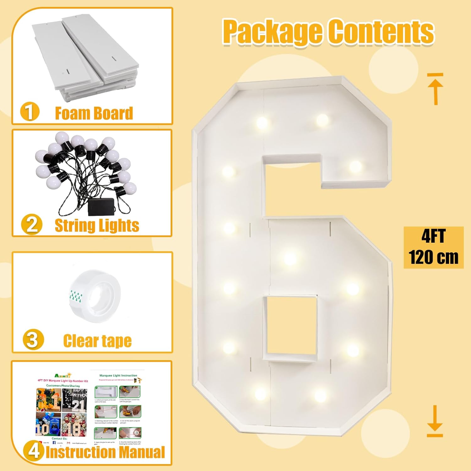 4FT Marquee Numbers, Warm White Light Up Number 6 with Display Board, Balloon Kit Decorations, DIY Pre-Cut Frames for Party, 6th,16th Birthday, 2026 Graduation New Year Party Decorations