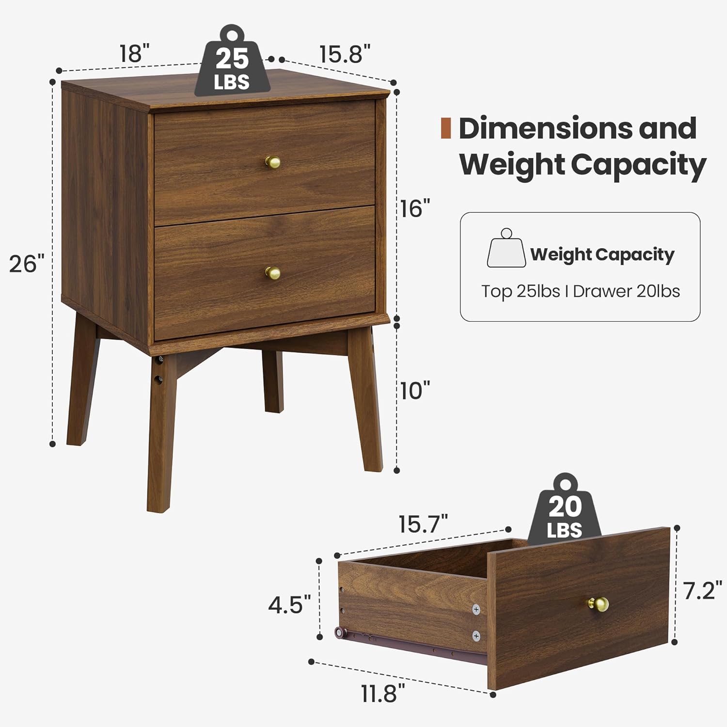 26" Tall Mid Century Modern Nightstand Set of 2, Vintage Walnut Wood Bedside Table with 2 Drawers, Sturdy Solid Wood Legs, End Table for Bedroom, Living Room, Small Apartment, Easy Assembly