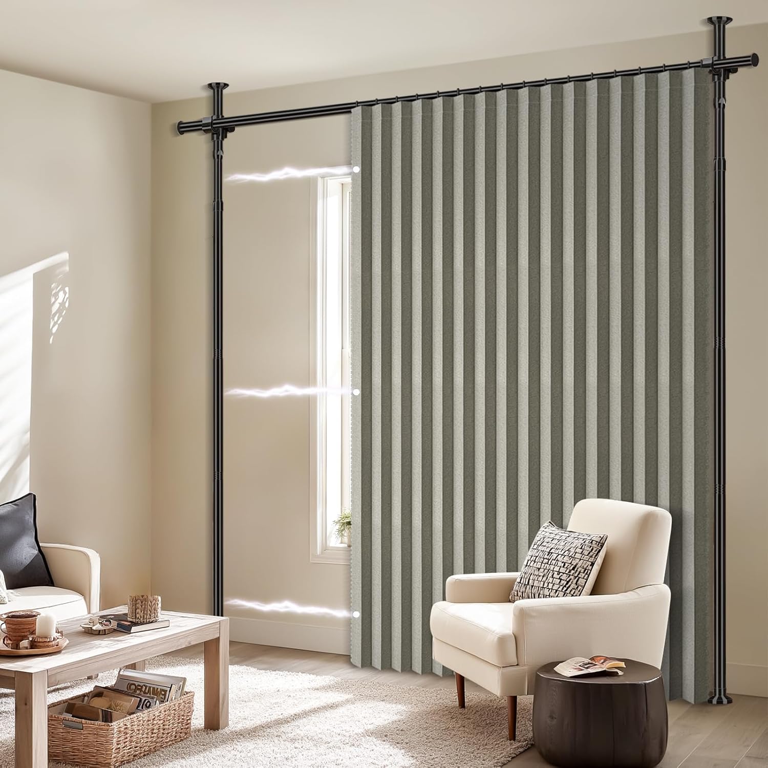 AJAZZ 100% Blackout Room Divider Curtains Sets Grey W100 x L84 in 1 Panel No Drill Curtain Rods(H) 43-120×(W) 35-100 in for Bedroom Privacy Partition Separator