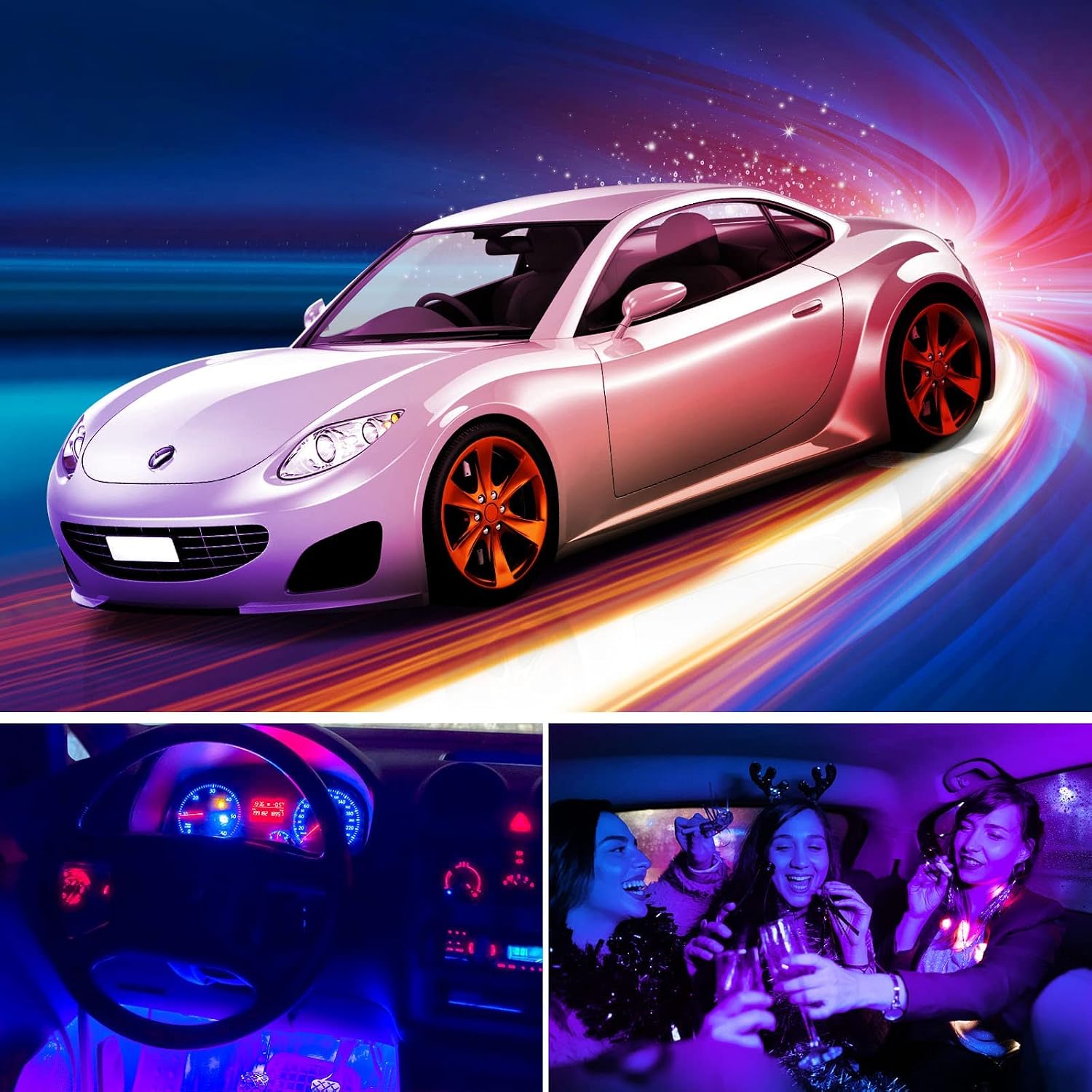 Rovtop Interior Car Lights, Car LED Strip Lights with 48 LEDs 16 Million Colors, DIY Color Music App Wireless Remote Control Atmosphere Lighting Car Interior for Cars, Locomotives, Motorcycles, Truck