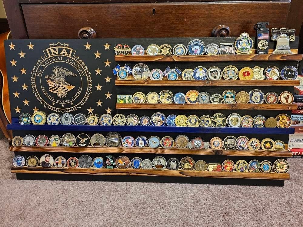 FBI National Academy Thin Blue Line Challenge Coin Holder Holds 90-100 Coins, for Military, Police, Law Enforcement, First Responders, Custom Handmade Quality, Made in Texas