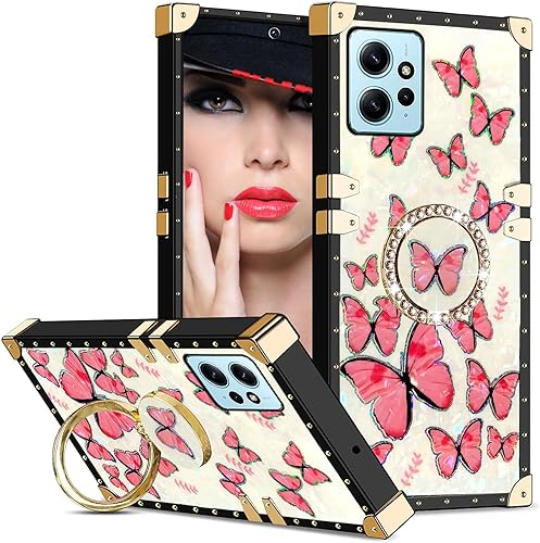 Miniatura 1 de CCSmall Funda cuadrada para Xiaomi Redmi Note 12 4G (no 5G) con soporte de anillo para mujeres y niñas, bonita decoración de metal elegante esquina