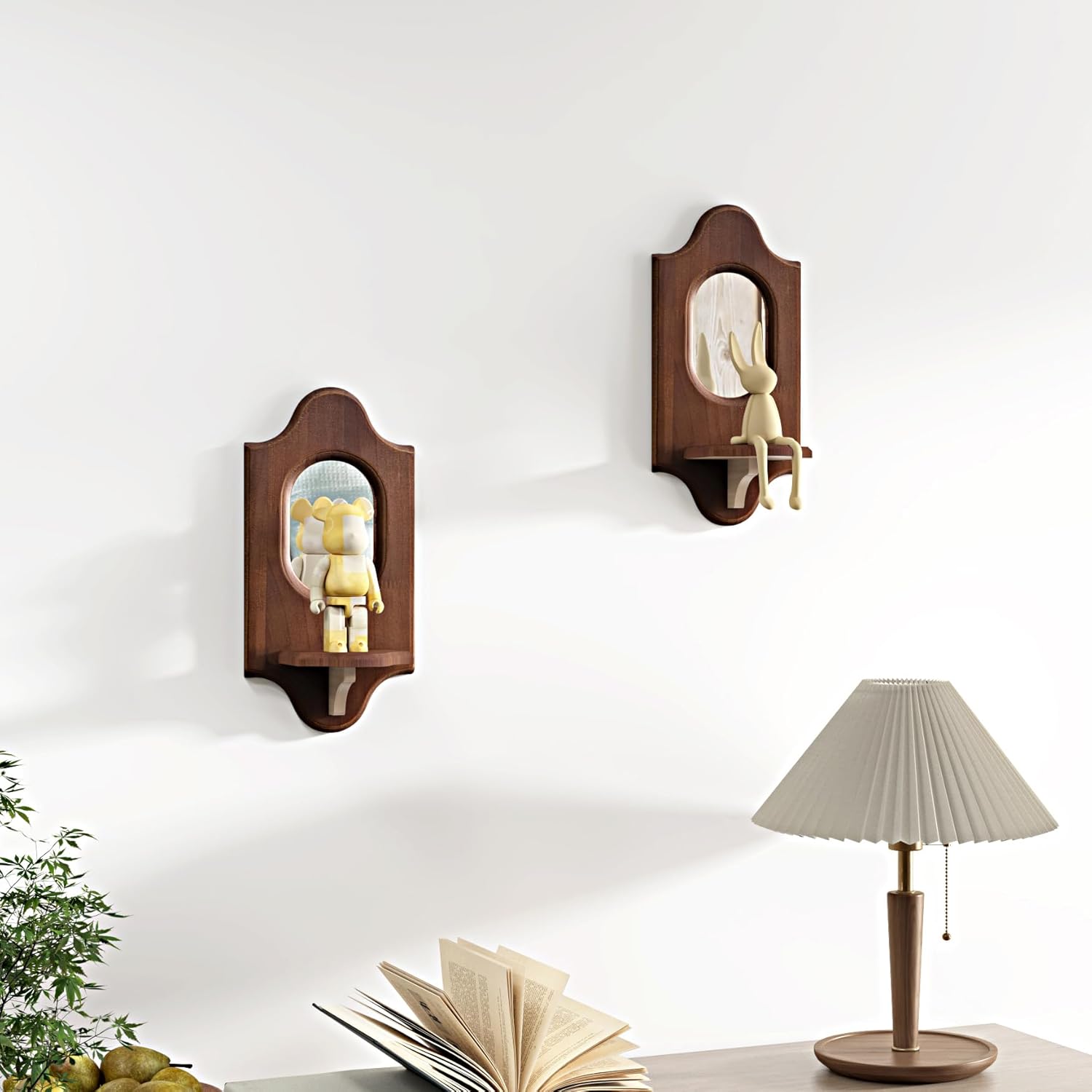 Wooden Arched Floating Shelf - Boho Decor Wall-Mouted Shelves with Mirror Book Display for Bedroom Living Room Bathroom Nursery Home Office 14.5" x 11.6"