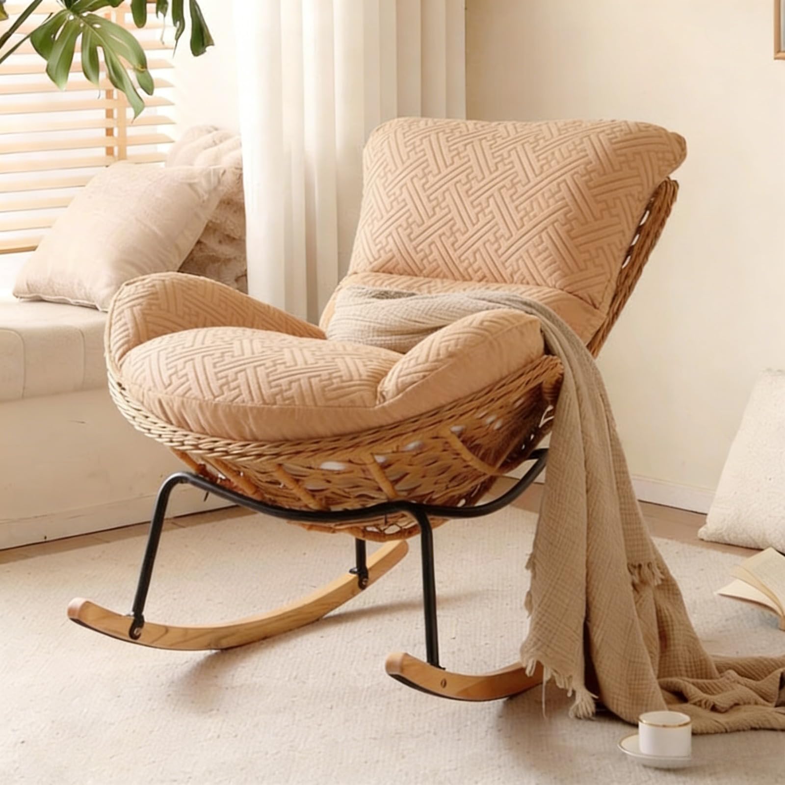 2026 NEW! Rocking Chair Comfy Lobster Lounge Chair-(with Detachable Chairs Cover) Handmade Rattan Weaving Teddy Upholstered Glider Nursing Chairs for Adults, for Living Room/Bedroom (Stripe Brown)