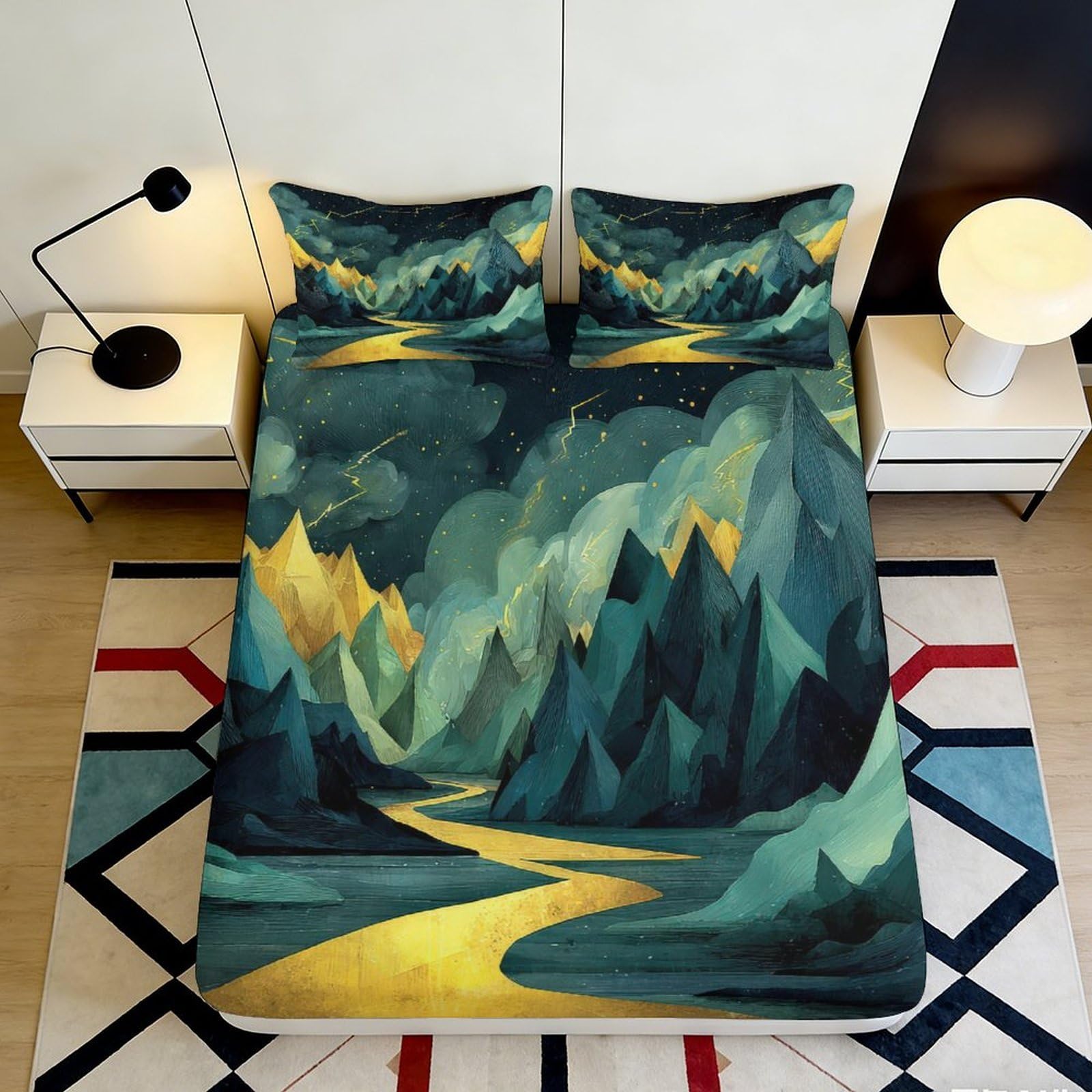 3D Printed Mountain Landscape Fitted Sheet Microfiber Artistic Night River Bed Cover Anti-Slip Machine Washable Decor 90x200x25cm
