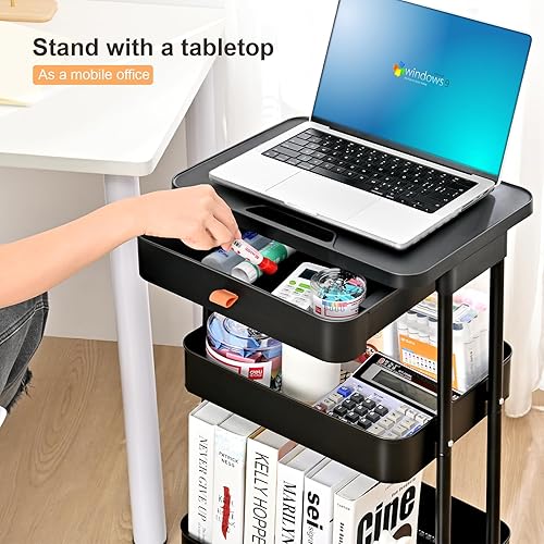 Miniatura 3 de TOOLF Carrito de almacenamiento con ruedas con cajón y mesa, carrito utilitario de metal de 3 niveles, organizador de carrito rodante para