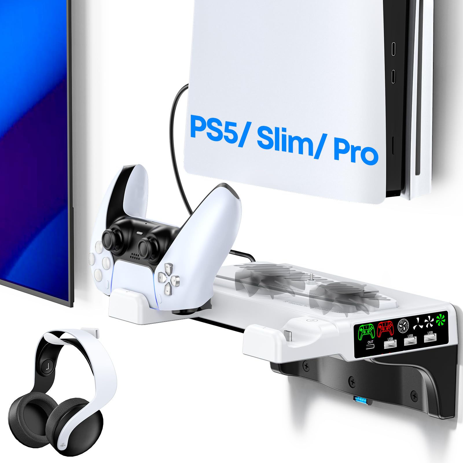 Photo 1 of PS5/Slim/Pro Wall Mount Kit with Cooling Fan & Charging Station, PS5 Shelf Floating Mount for All PlayStation 5/Slim/Pro Disc & Digital Console, PS 5 Wall Bracket Behind TV, PS Five Pro Accessories