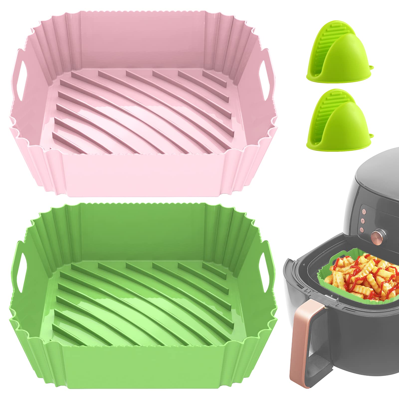 2-Pack Air Fryer Silicone Pots - 8 Inch Square Food Safe Basket Liners, Heat Resistant Reusable Accessories With Heat-proof Gloves for 6QT or Bigger Fryers-image-11