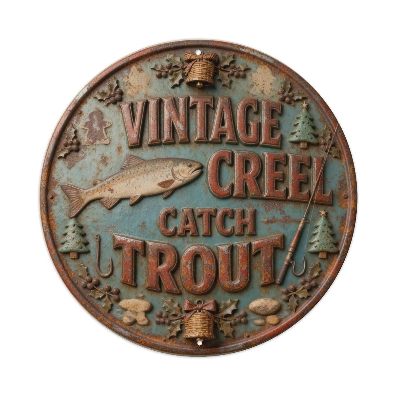 VINTAGE FISHING CREEL CATCH TROUT Metal Tin Sign Plaque
