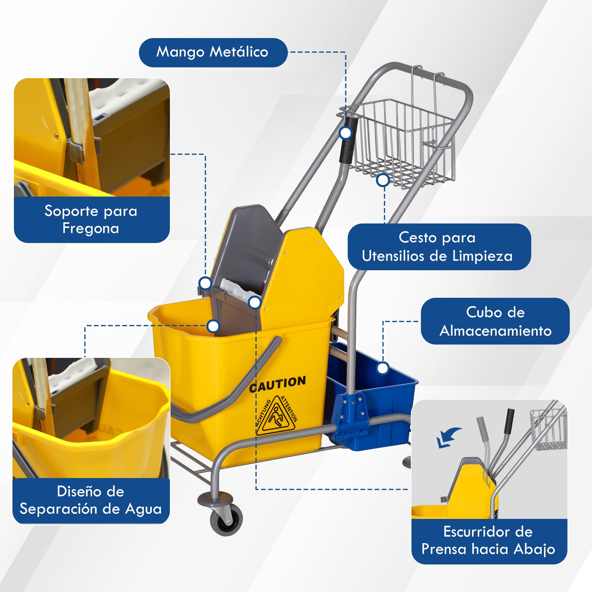 HOMCOM Carro de Limpieza Carro de Servicio con Cubos de Fregona de 25L Escurridor Cubeta y Estantes para Hotel Oficina 72x49,5x95 cm Amarillo