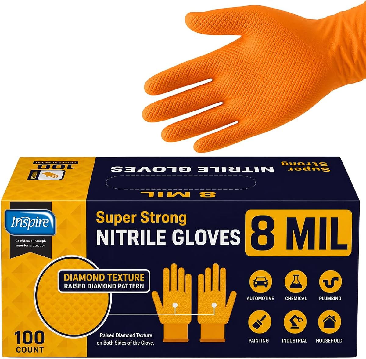 Heavy Duty Orange Nitrile Gloves | ULTRA 8 Mil Diamond Textured Grip | Industrial Mechanic Disposable Cleaning Gloves