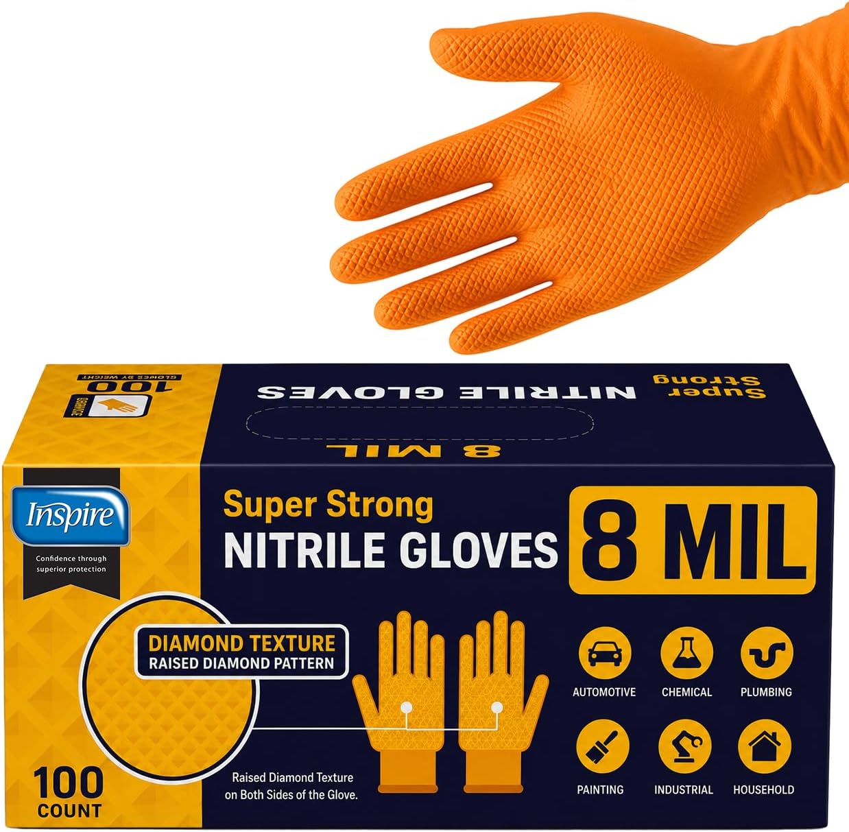  Heavy Duty Orange Nitrile Gloves | ULTRA 8 Mil Diamond Textured Grip | Industrial Mechanic Disposable Cleaning Gloves