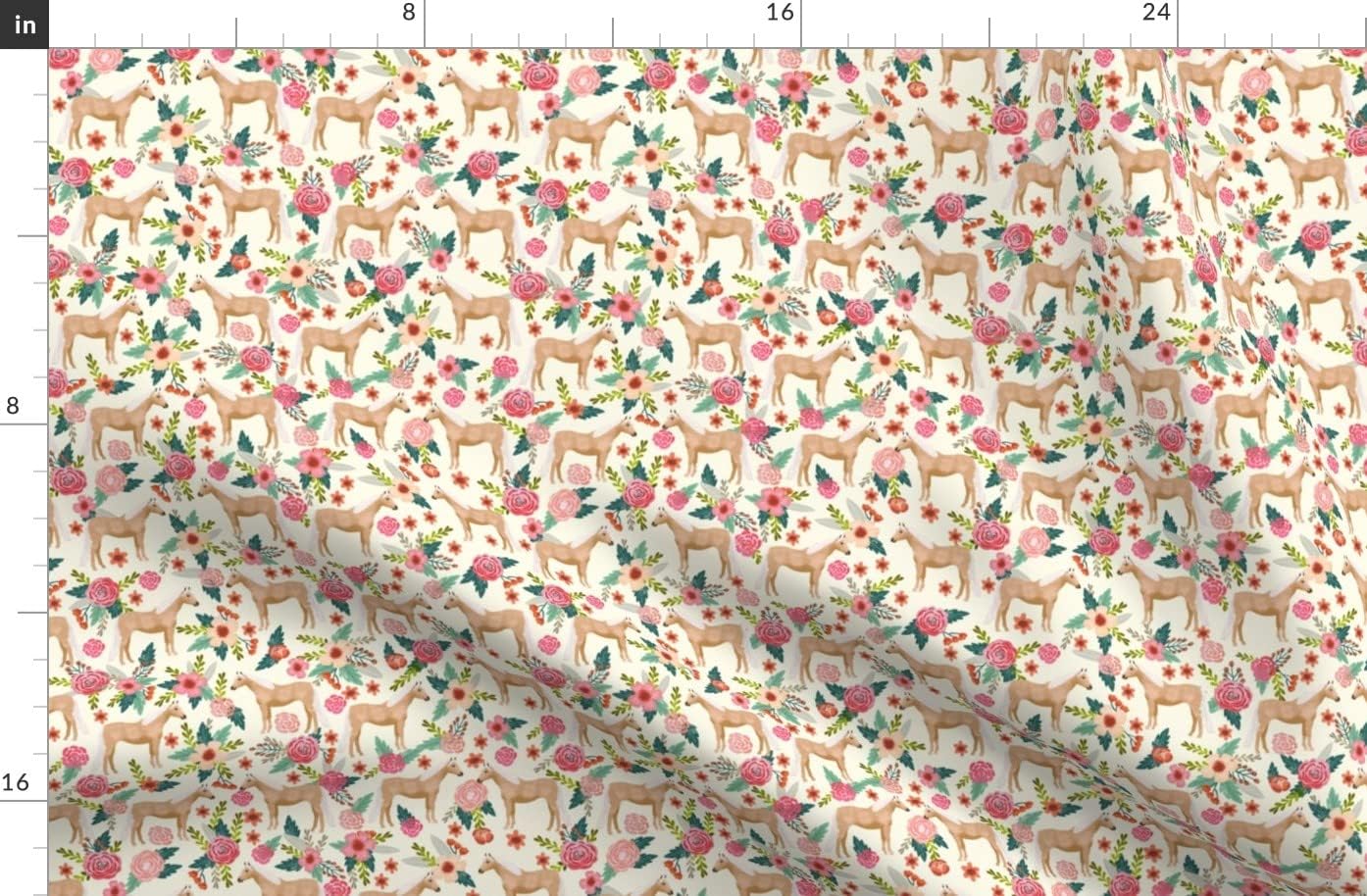 Spoonflower Fabric - Horse Florals Horses Cream Floral Pony Ponies Breed Printed on Organic Cotton Sateen Fabric by The Yard - Sewing Quilting Apparel Home Decor