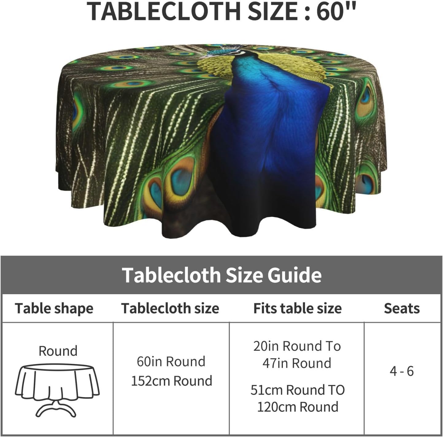 Peacock Feather Print Wrinkle Free Dining Table Cover for Birthday Party Farmhouse Tablecloths Up to 60 x 60 Inches