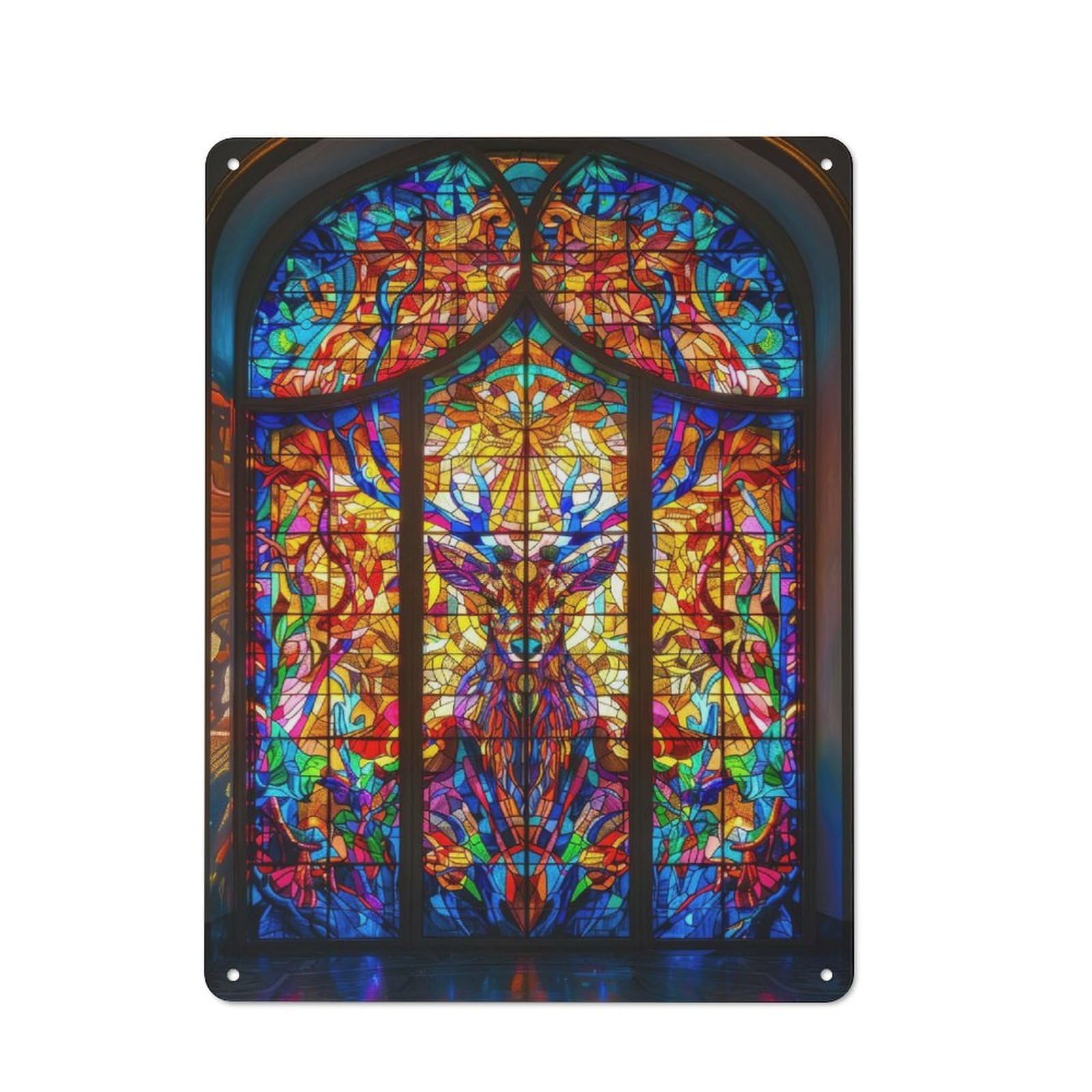 Junmoney Stained Glass Stag Rustic Metal Wall Decor 40X30cm, Decorative Tin Plaque For Pub, Home Bar, Shed Or Man Cave
