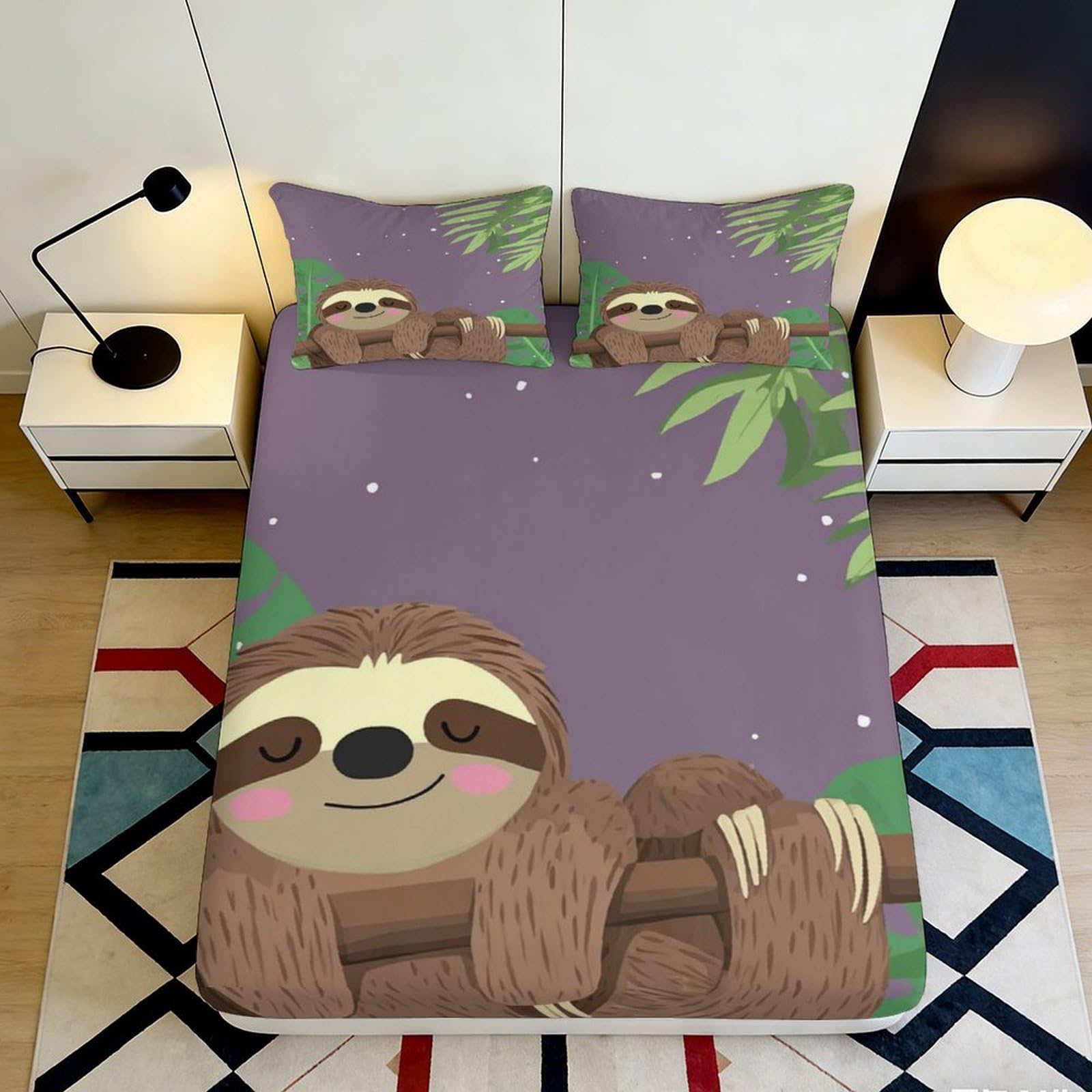 3D Printed Cartoon Sloth Fitted Sheet Microfiber Soft Breathable Jungle Leaves Mattress Cover Bedroom Decor 90x200x25cm