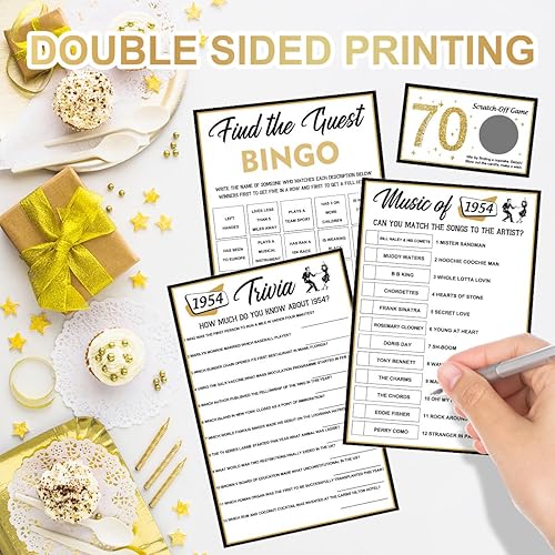 Miniatura 5 de Juego de 6 juegos de fiesta de cumpleaños número 70, paquete de 6 juegos para 15 invitados, suministros de fiesta de cumpleaños para adultos,