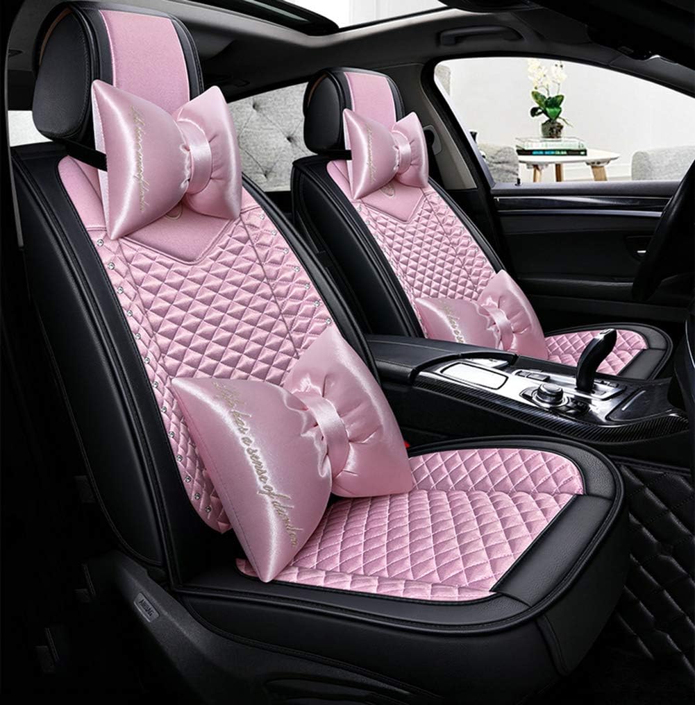 seemehappyBling Retro Fashion Lattice Silk and Leather Car Seat Covers Front and Rear Seat Covers Universal Fit (Pink