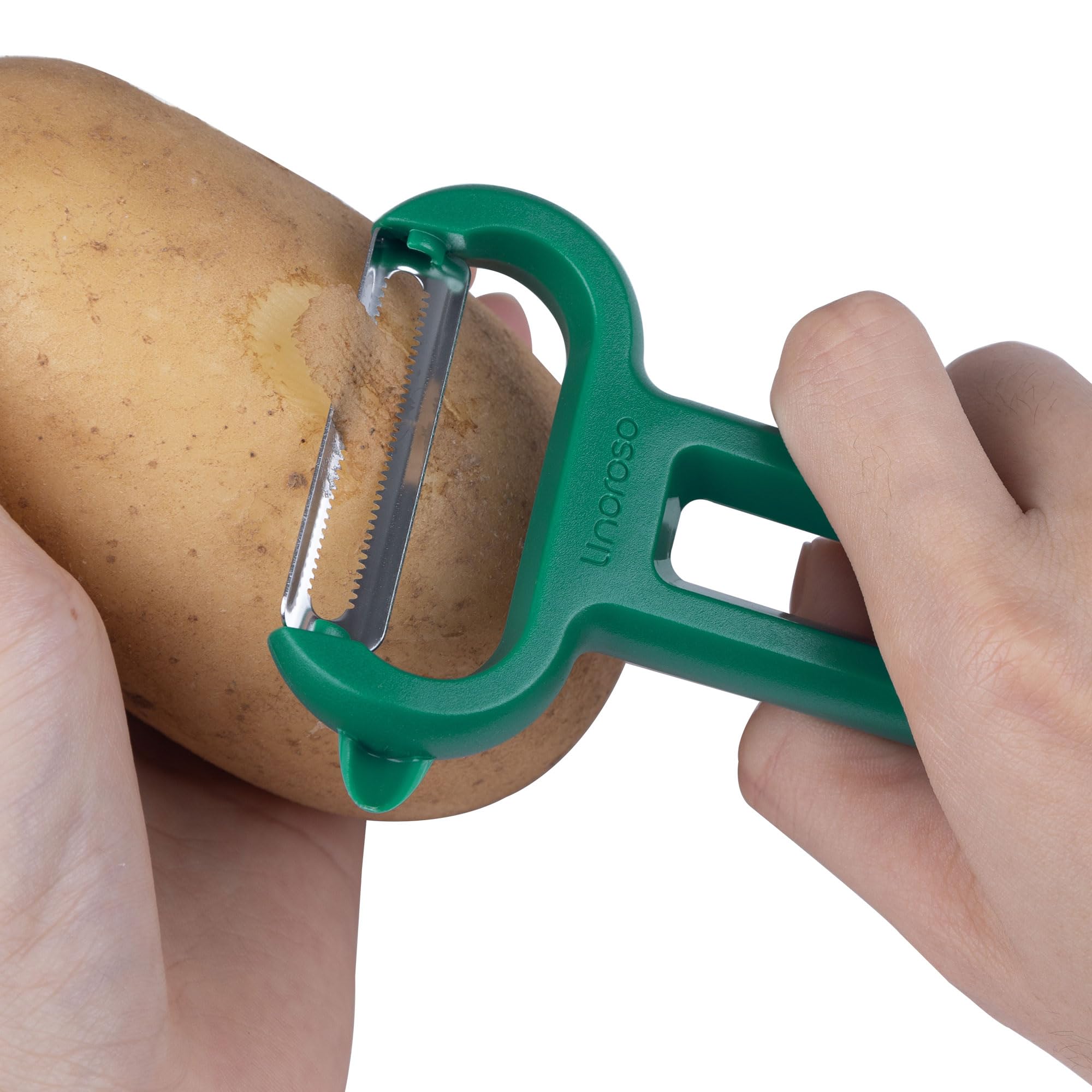 Linoroso Pelapatate Professionale Seghettato di Tipo Y con Punta per Pela Patate e Verdura Frutta, Affilato e Liscio, Impugnatura Confortevole - Verde