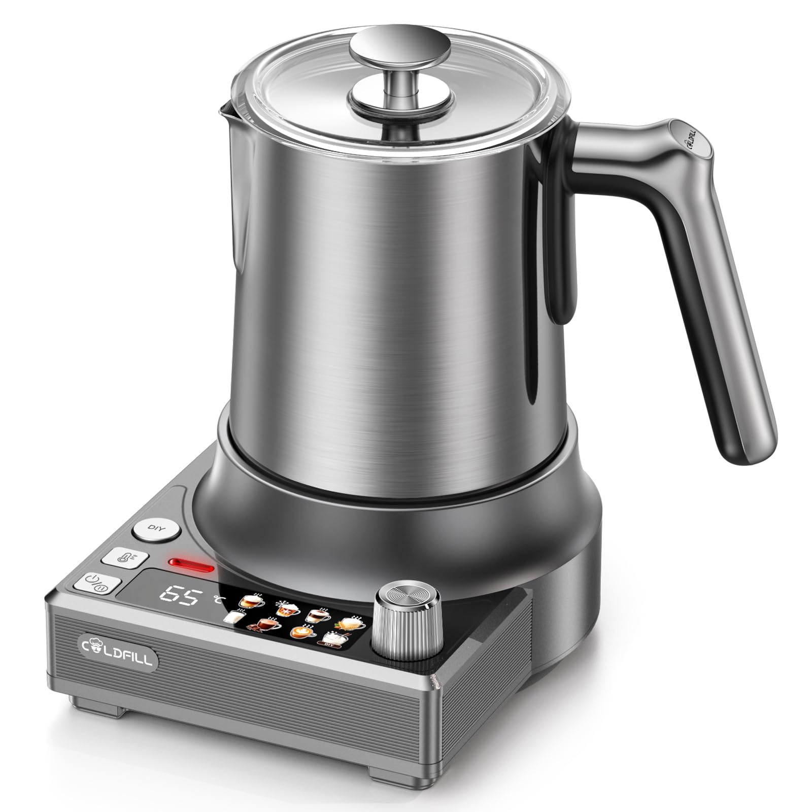 COLDFILL Milchaufschäumer Elektrisch 8 in 1, 450 ml, Spülmaschinengeeignet | 450 ml Erhitzen, 250 ml Milchschaum, Heiß & Kalt, 4 Temperaturen, Pflanzenmilch, Edelstahlkanne, Latte Art & DIY