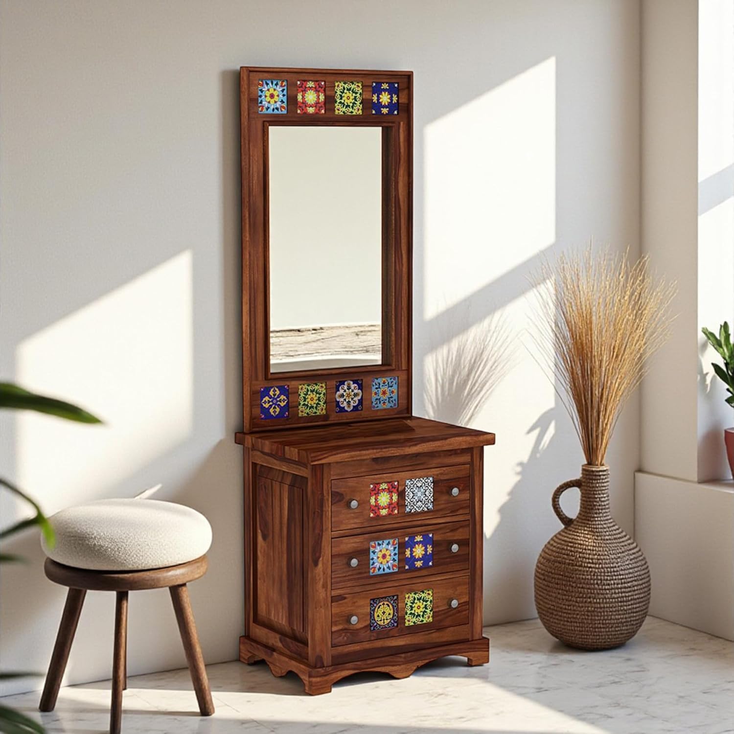 Solid Sheesham Wood Dressing Table for Bedroom, Dressing Cabinet, Makeup Desk with Storge Organiz 3 Spacious Drawer, Vanity Table for Living & Bed, Apparel Room Honey Matt Finish-image-33