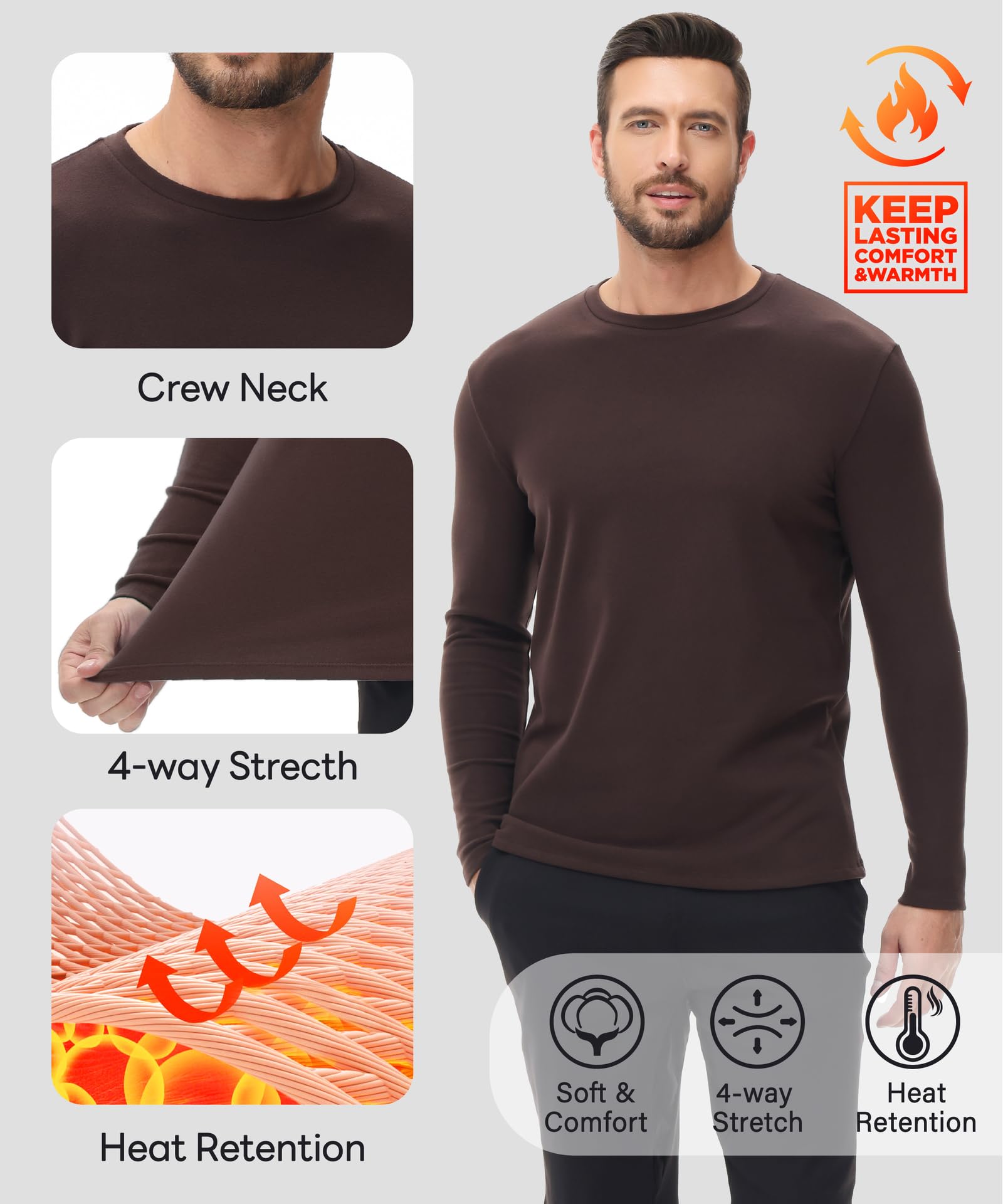 HUGE SPORTS Ropa interior térmica para hombre, camisas térmicas de manga larga, forro polar, cuello redondo, capa base, ropa interior térmica