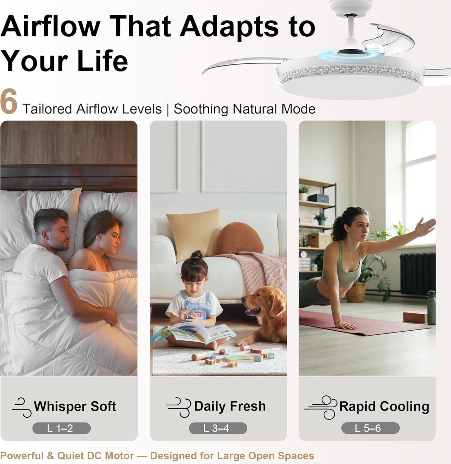 GREENEVER 44 Inch Retractable Ceiling Fan with Light and Remote, Quiet Reversible DC Motor, 3CCT Dimmable Memory LED, Modern Invisible Ceiling Fan for Bedroom Living Room, White by GRANDJOY