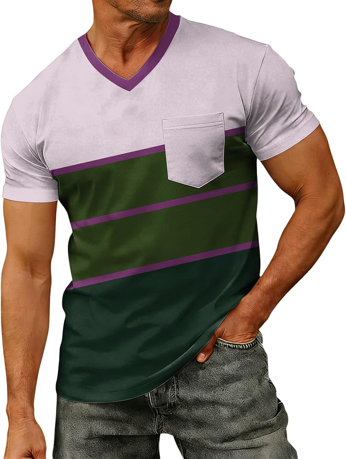 RTRDE Men's Casual T Shirts Short Sleeve V Neck Striped Print Summer Casual Daily Tshirts, S-4XL