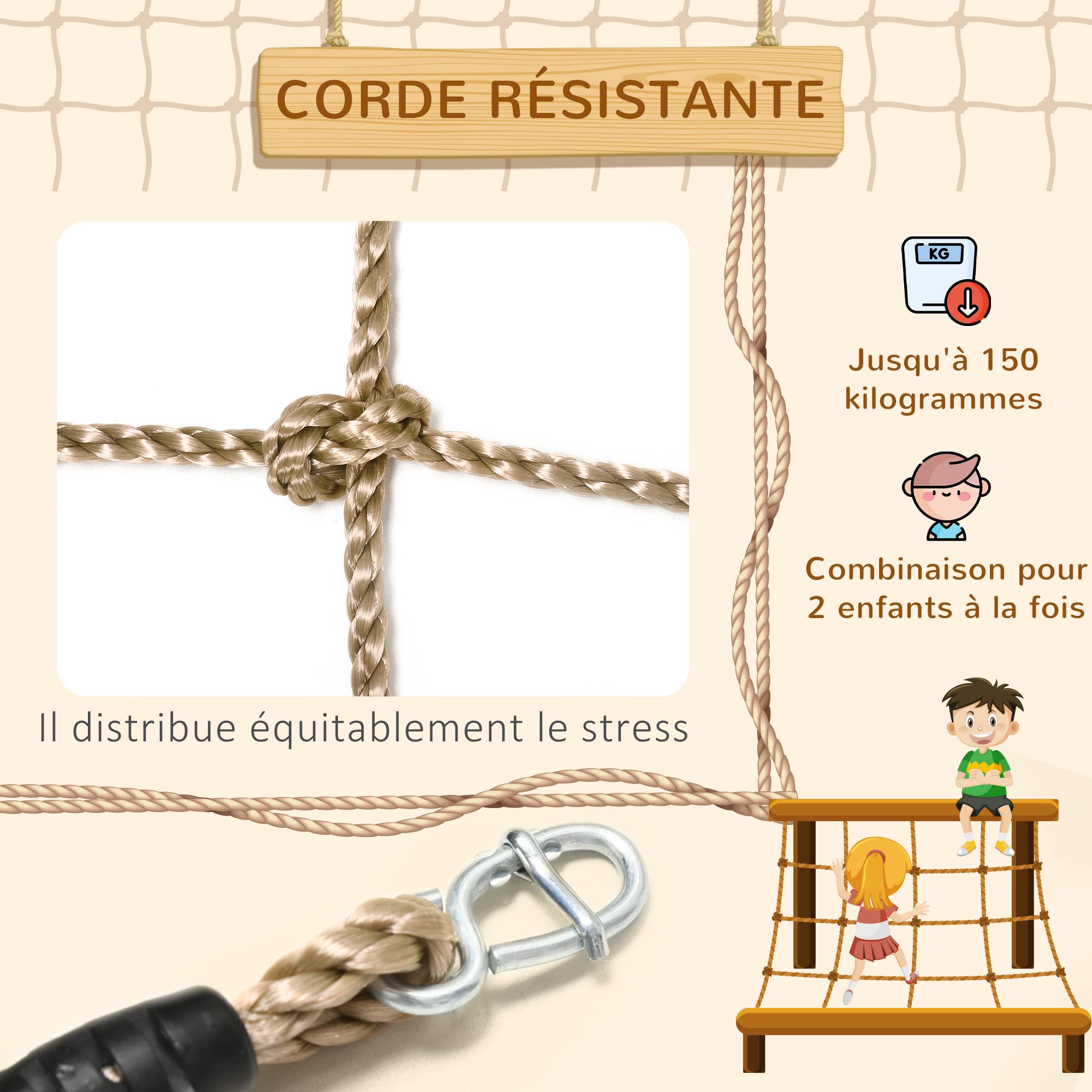 Outsunny Filet d'escalade Enfants 3-6 Ans Plein Air Ninja 1,5x2 m Marron | Filet Décoratif de Corde en PE, Aire de Jeux, Terrain d'Obstacle