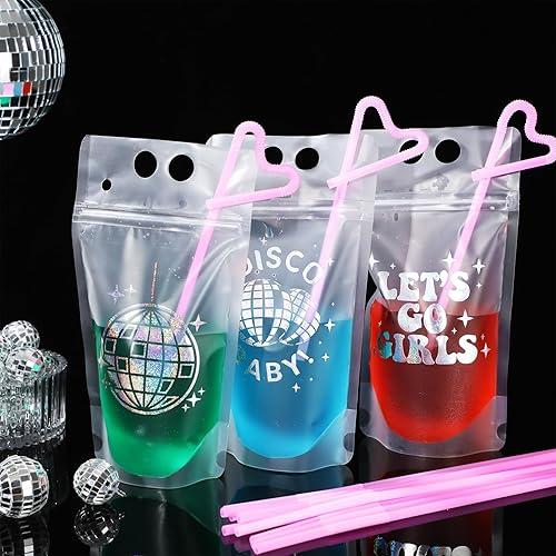Miniatura 2 de Hoolerry 36 juegos de bolsas de discoteca para bebidas de adultos, bolsas de bebidas de fiesta de los años 70 con pajitas, bolsas resellables con