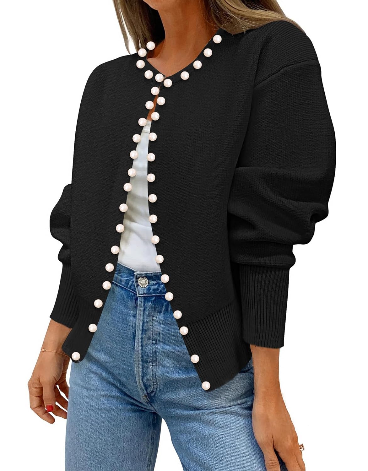 Kedera Womens Casual Pearl Cardigan 2025 Spring Elegant Embellished Long Sleeve Oversized Knit Sweater