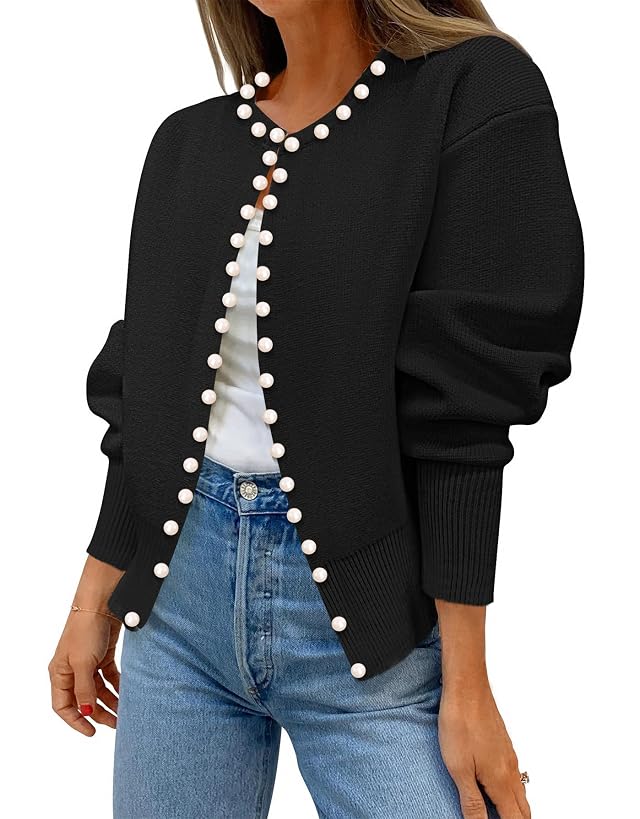 Kedera Womens Casual Pearl Cardigan 2025 Spring Elegant Embellished Long Sleeve Oversized Knit Sweater