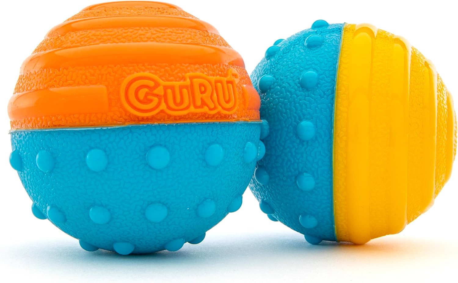 GURU Pet: Crunch & Squeak Ball - 2 Pack - Dog Toys, Bright Yellow-Blue-Orange, Durable, Interactive Sound & Textured Sensory Play, Floats, Fetch, Roll