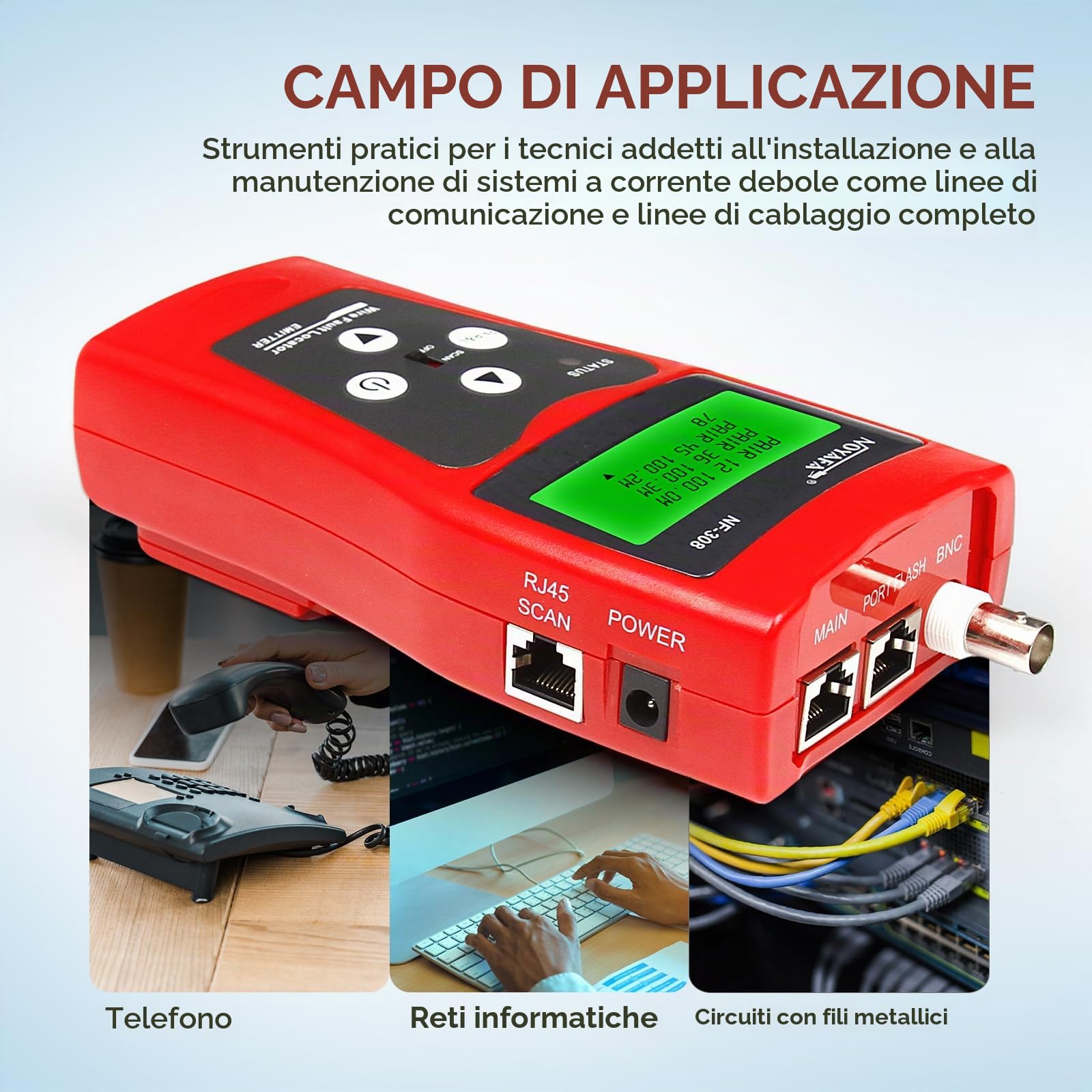 NOYAFA Cavo di rete Tester NF-308S, test di lunghezza LAN, Ethernet Cable Tracker per RJ45 e RJ11