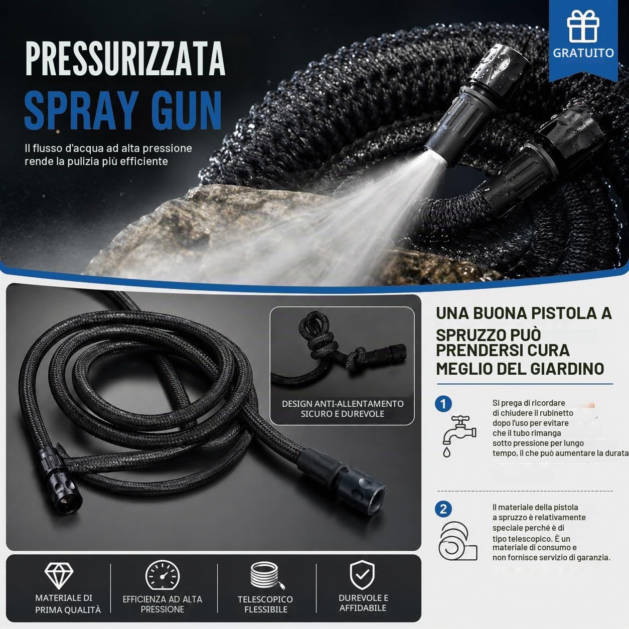 Colonnina Acqua da Giardino con Rubinetti a Doppia Uscita, Fontana da Giardino Esterno con Pistola a Spruzzo e Porta Tubo, Rubinetto Indipendente per Vasca da Giardino
