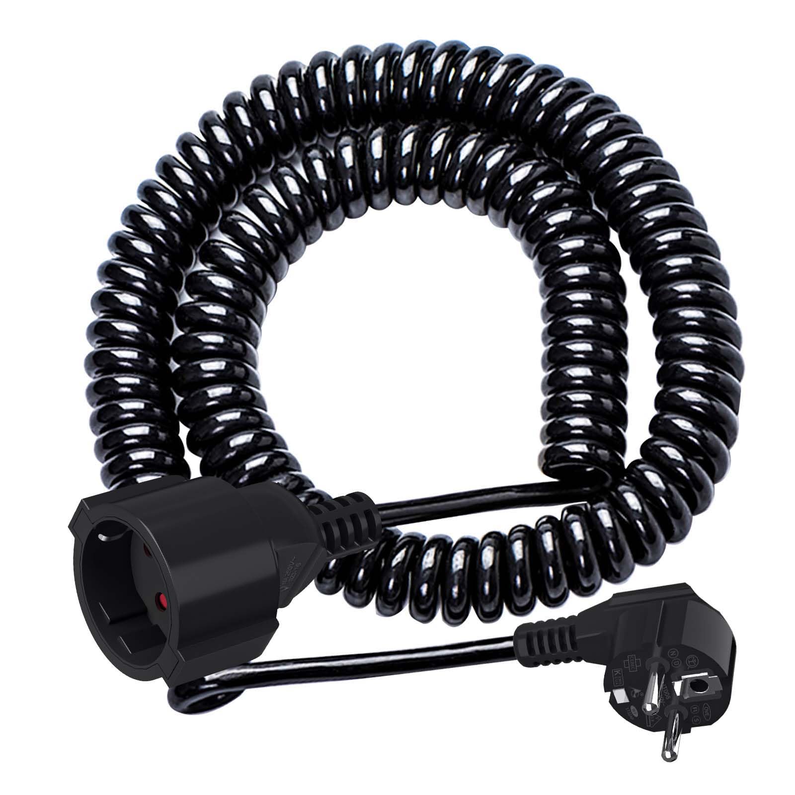 Schuko Cable de extensión en Espiral con 1 Toma Schuko (Contacto de protección de 3 m), Cable Espiral Extensible de 0,9 m a 3 m máximo, 230 V, 16 A, IP20, Color Negro