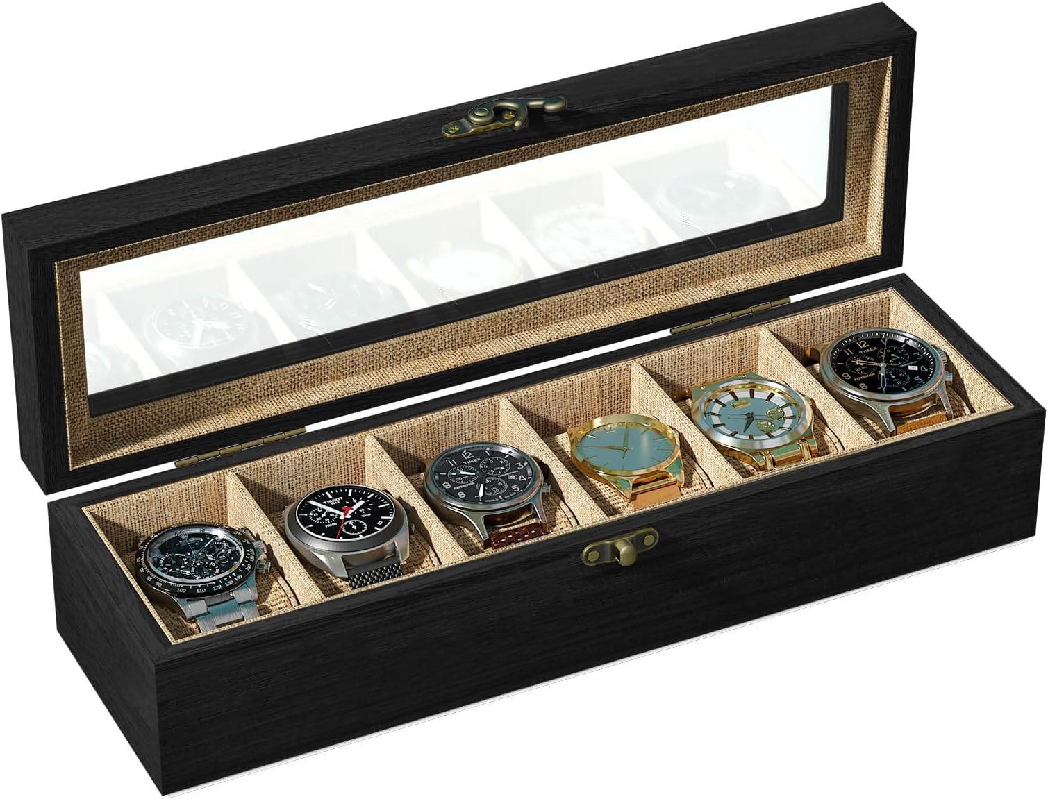 SRIWATANA Watch Box 6 Slot Watch Case, Watch Box Organizer for Men Women, Wood Display Case with Glass Lid, Christmas Gifts, Weathered Black