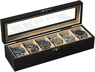 SRIWATANA Watch Box 6 Slot Watch Case, Watch Box Organizer for Men Women, Wood Display Case with Glass Lid, Christmas Gifts, Weathered Black