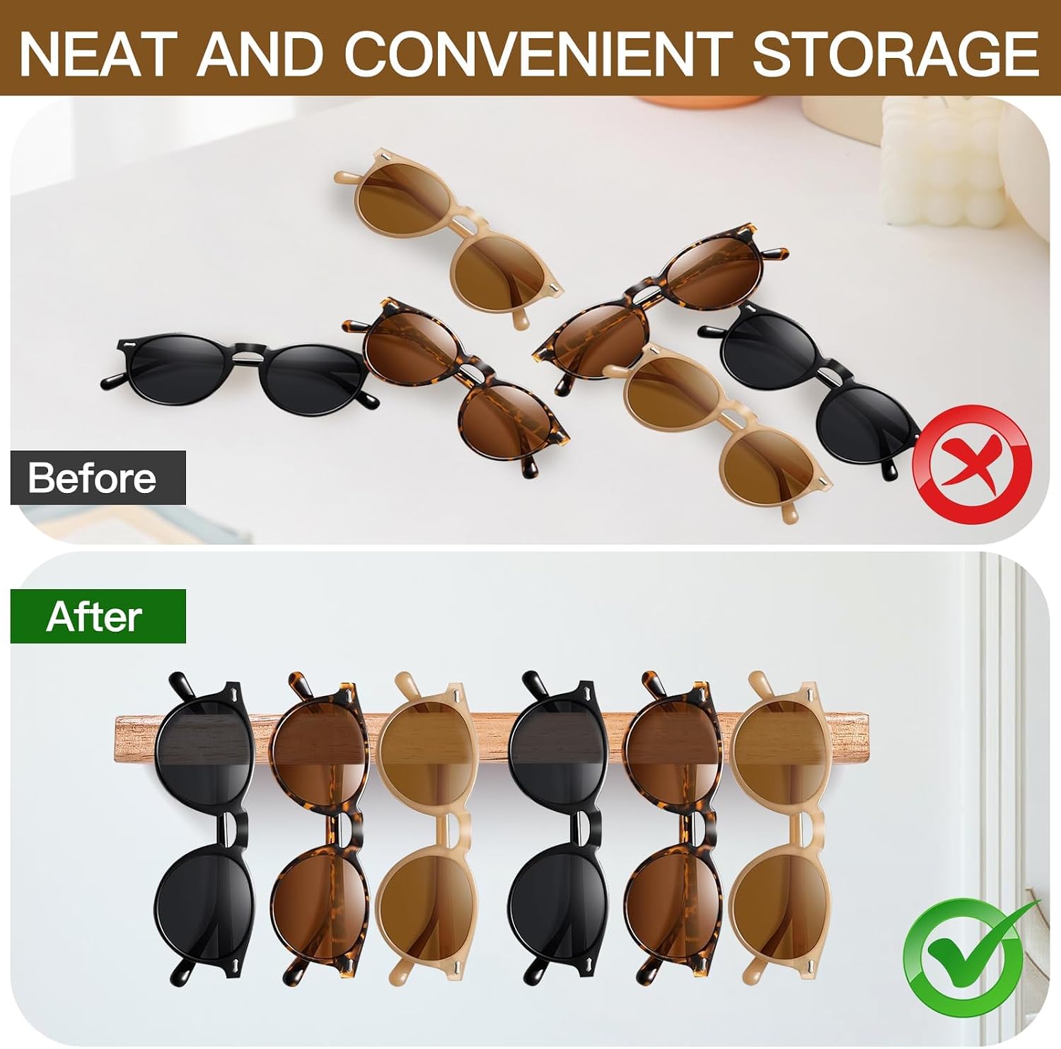 Wall Mounted Sunglasses Organizer, Wooden Glasses Display Rack, Multi-Eyewear Storage Holder (2, Natural)
