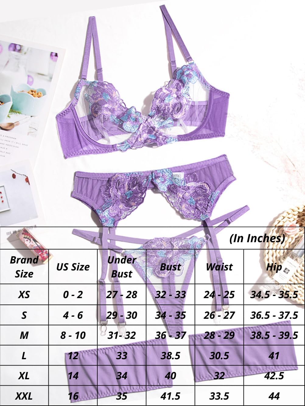 Kaei&Shi Floral Embroidered Garter Belt Set,Sheer Lingerie Sets for Women Sexy,Wedding Night Valentines Boudoir Outfits - Image 7