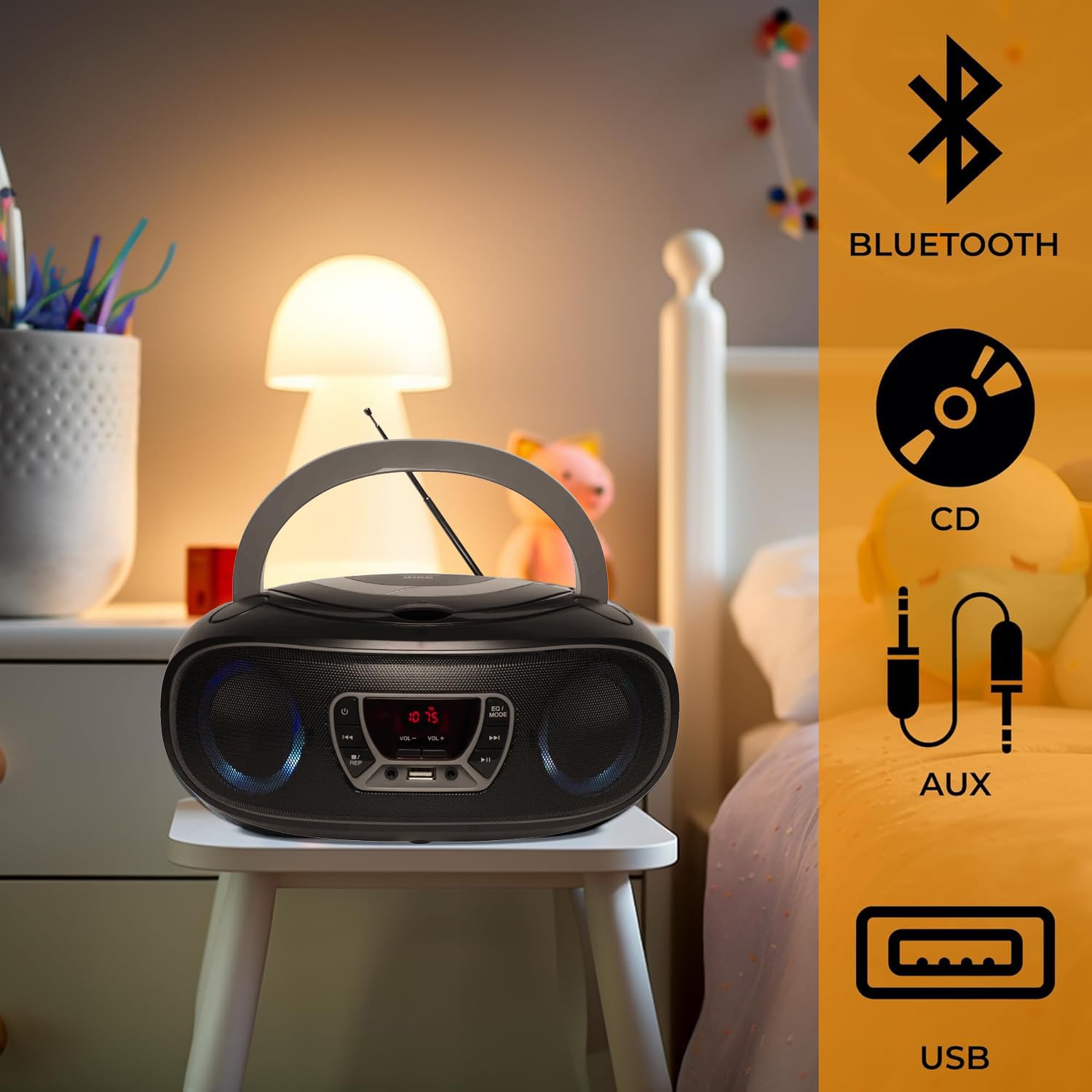 Denver TCL212BT radio z Bluetooth, radio Bluetooth z efektami świetlnymi, przenośny odtwarzacz CD, AUX, USB, kolor szary, czarny