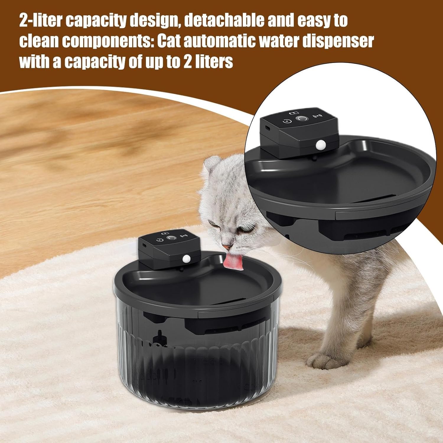 Cat Water Fountain Wireless,2L Kitten Drinker - Automatic Pet Water Dispenser - for Pet Parents Veterinarians Animal Shelters Farm Owners Garage Barn Patio Cattery Living Room