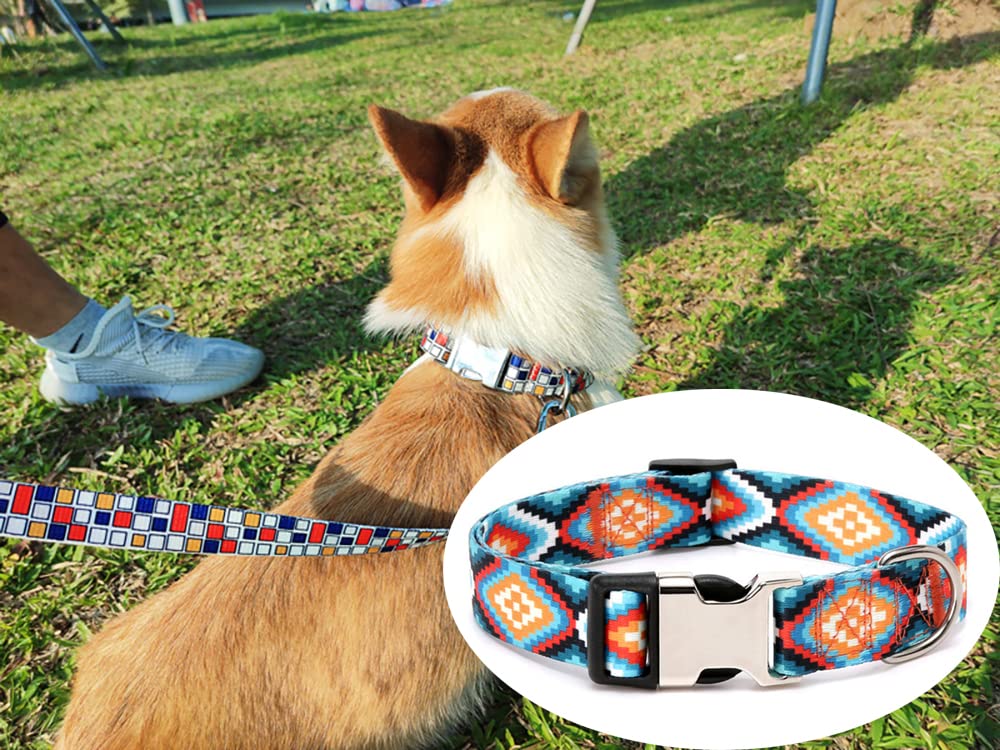 Dog Collar and Leash Set, Quick Release Buckle Soft Durable Print Puppy Collars Adjustable for Small Medium Large Pet Male Dogs Boy Cat Rhombus M
