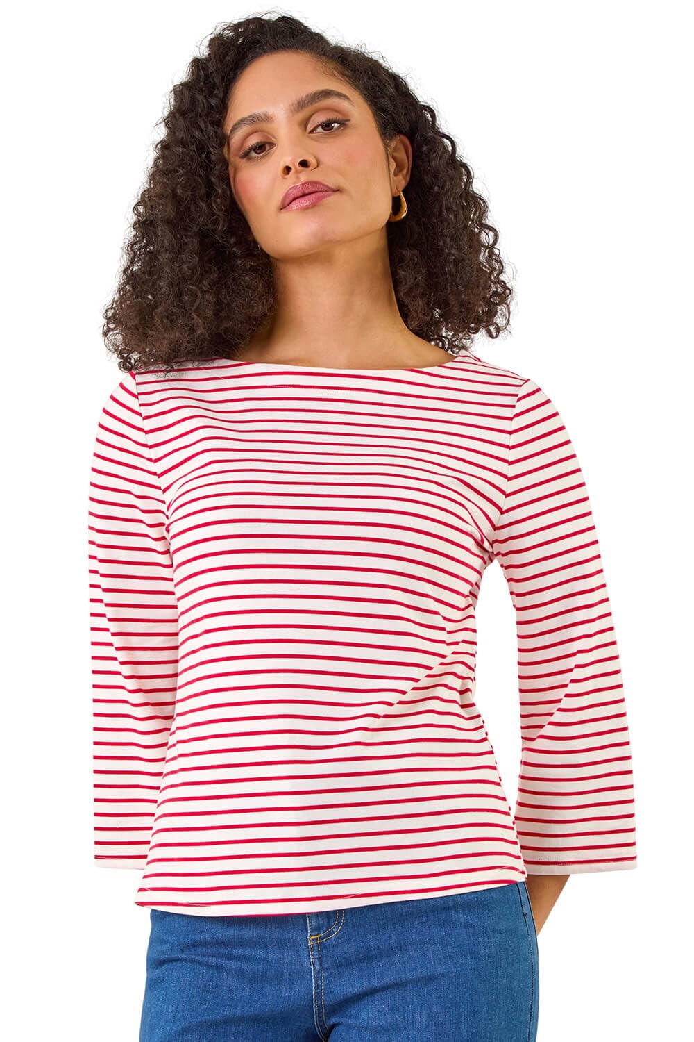 Roman Women's Red Stripe Print Boat Neck Top In Size 20