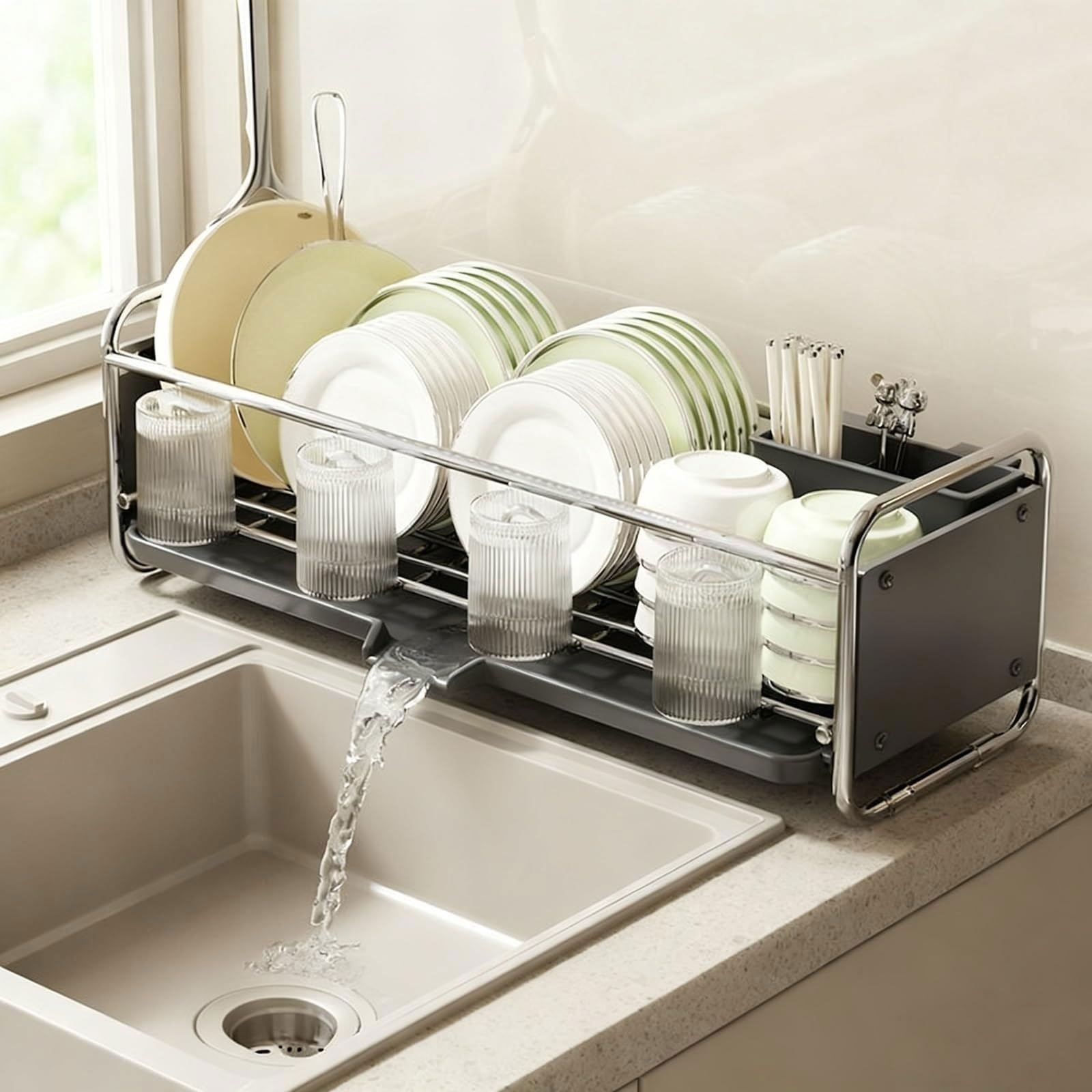 Égouttoir à Vaisselle, égouttoirs à Vaisselle for Cuisine avec Porte-Couverts, égouttoir, Gain de Place en Acier Inoxydable, for Vaisselle, Bols(Grey)