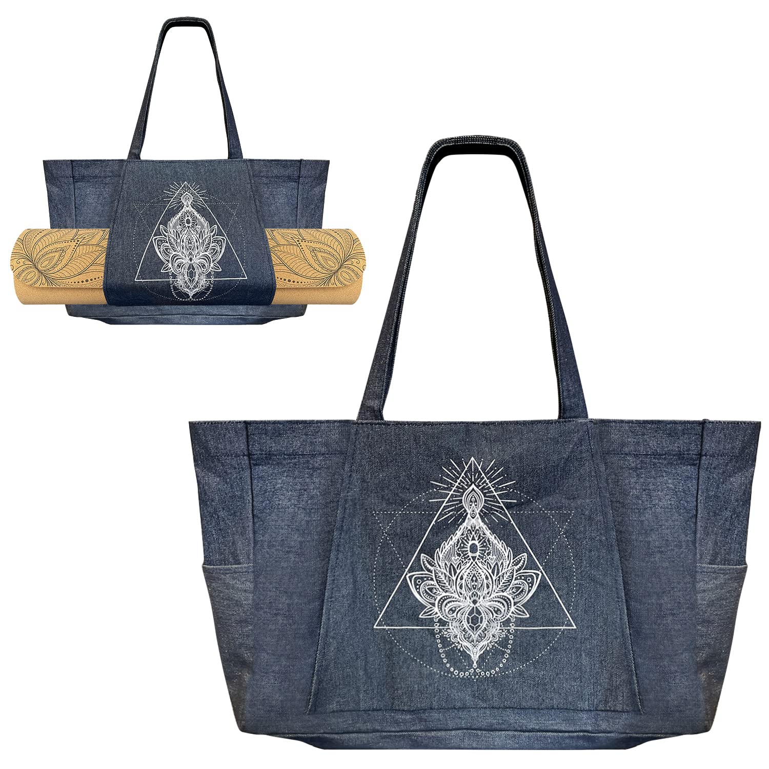 Burro Chakra Themed Yoga Mat Cotton Tote Bag with Mat Carrier Pocket Extra Pocket Inside (YB105 DENIM)