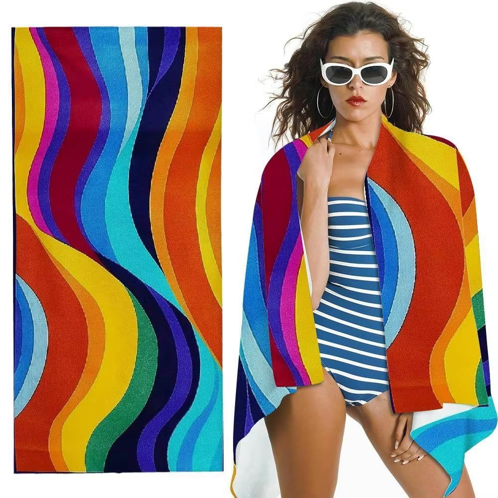Toalla de Playa de Secado rápido, ultraabsorbente, con diseño de Ondas Modernas para Adultos, Ideal para Nadar, Practicar Deportes y Playa 140x200cm/55 x79