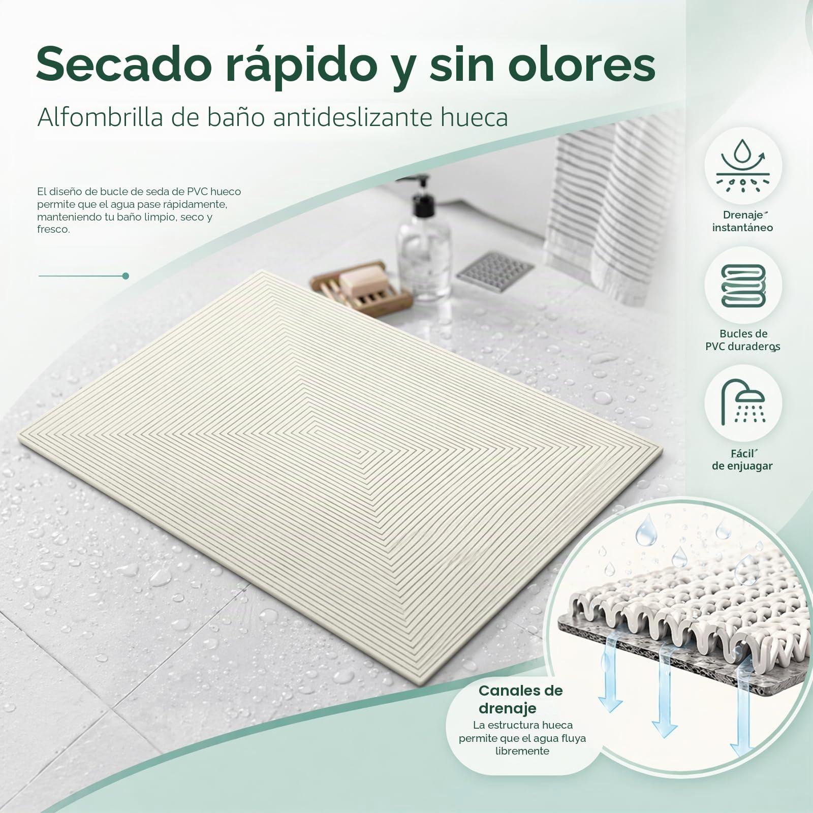 Alfombrilla de ducha antideslizante, de PVC, con orificios de drenaje y ventosas, de secado rápido, alfombrilla antideslizante para ducha y bañera (60 x 120 cm)